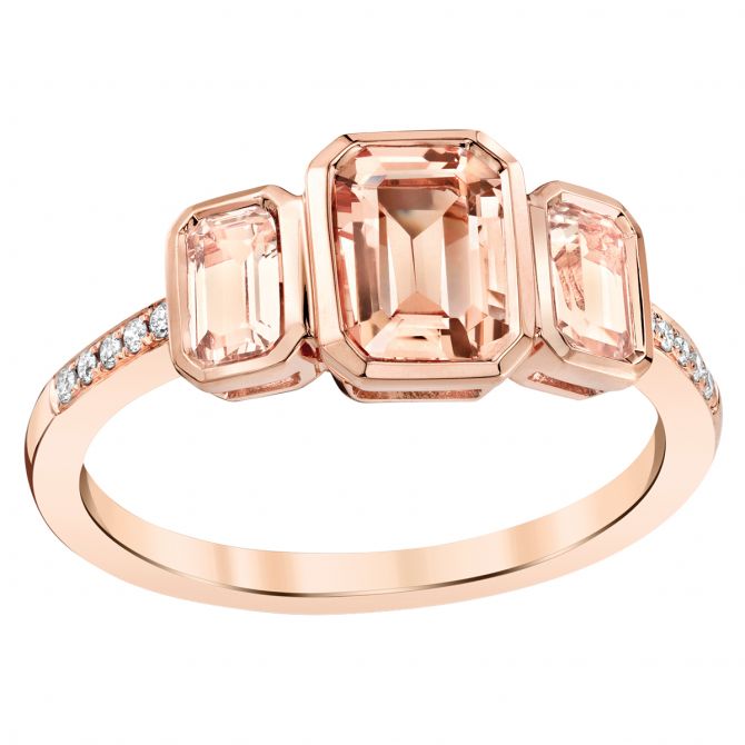 Emerald Cut Morganite 3 Stone Ring with Diamond Shank in Rose Gold
