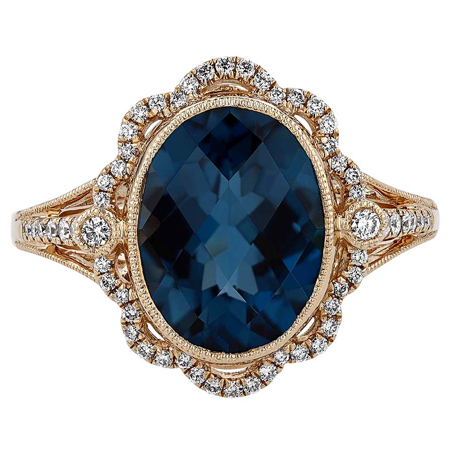 Oval London Blue Topaz & Diamond Milgrain Scalloped Halo Ring in Yellow Gold, 18