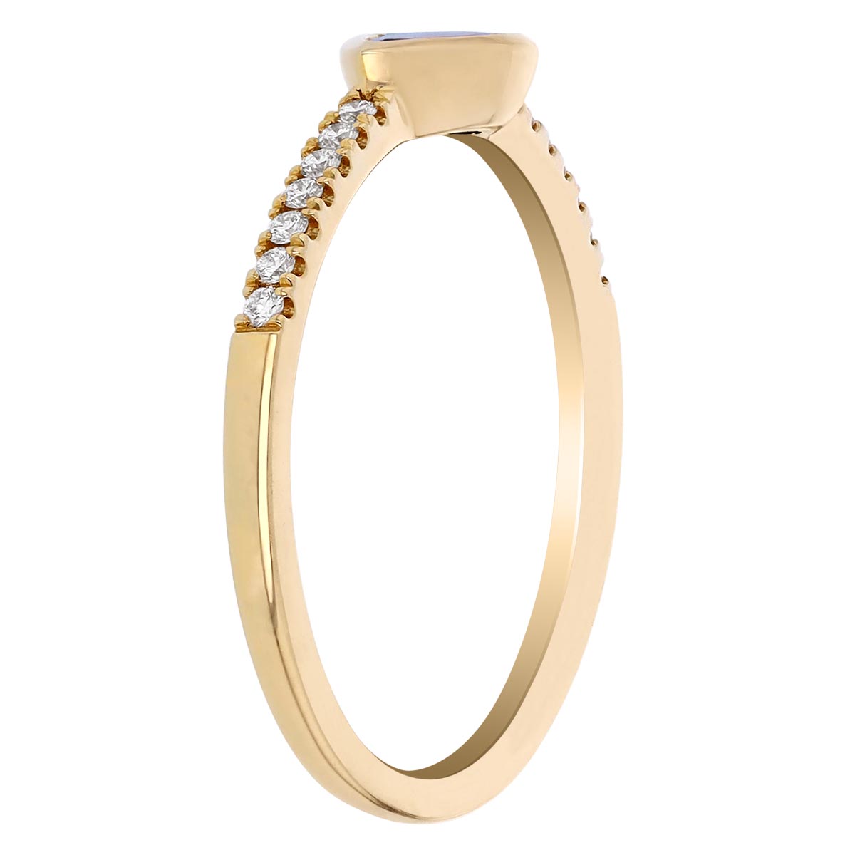 Pear Shaped East West Sapphire Bezel Set Ring with Diamond Sides in Yellow Gold