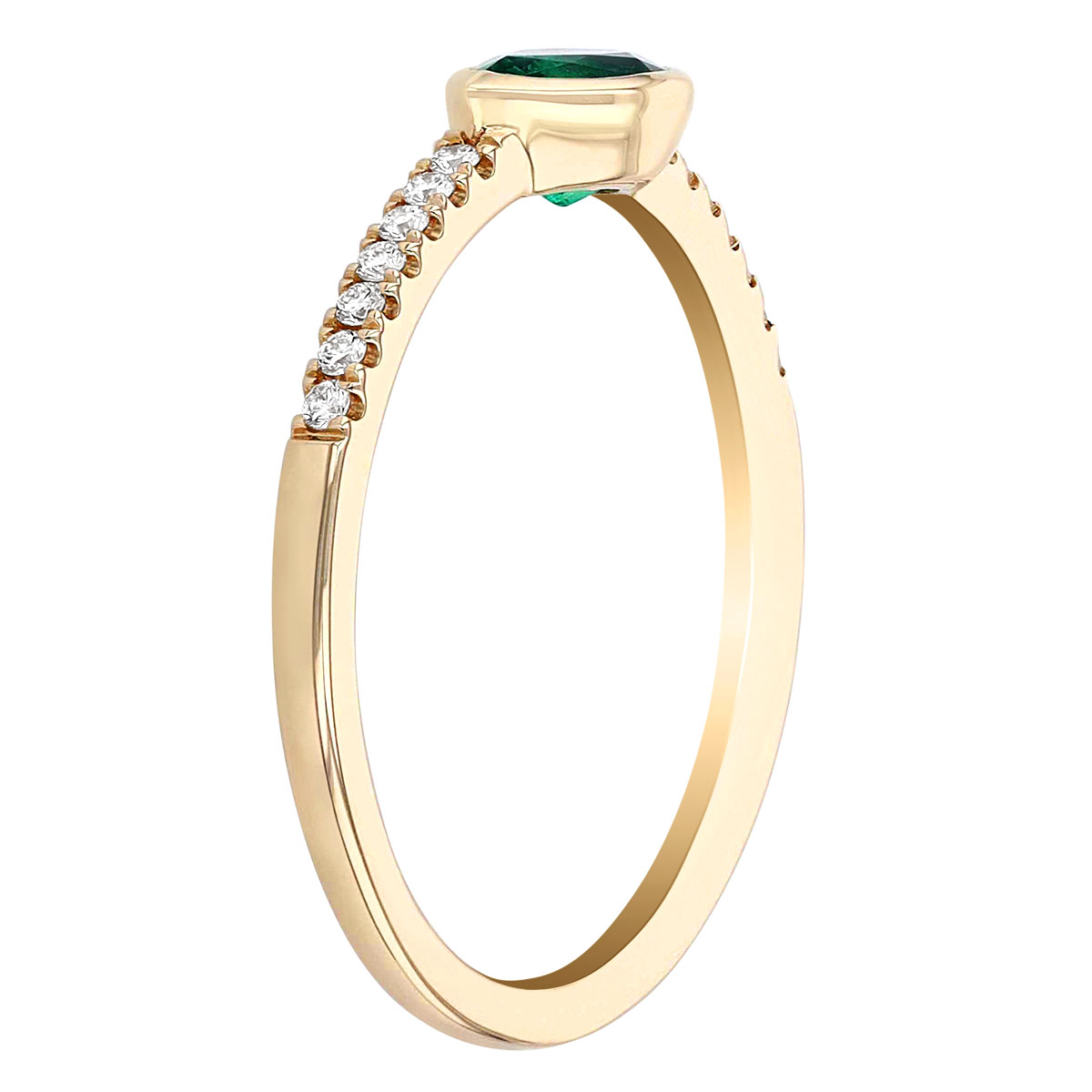 Pear Shaped Emerald East West Bezel Set Ring with Diamond Sides in Yellow Gold