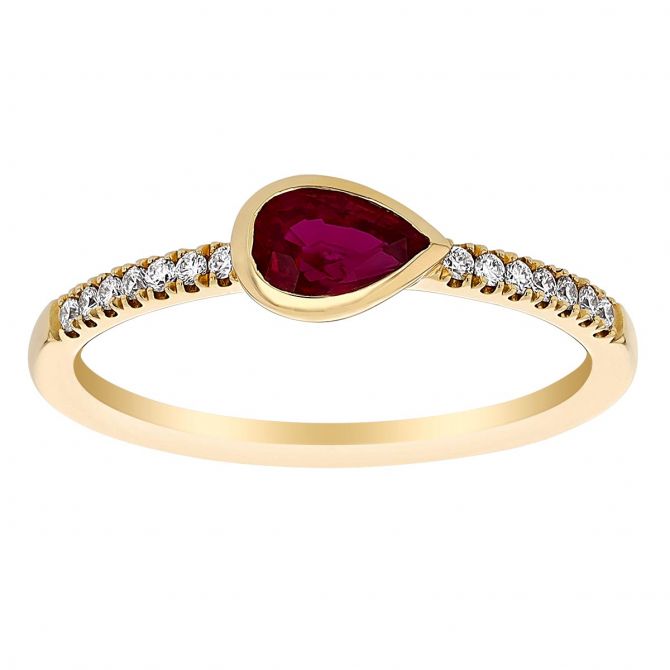 Pear Shaped Ruby East West Bezel Set Ring with Diamond Shank in Yellow Gold