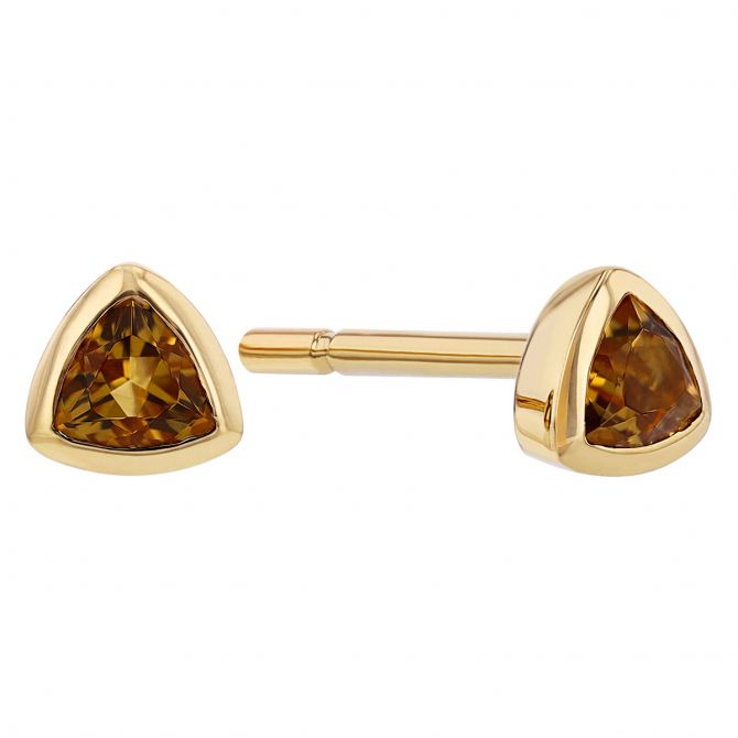 Trillion Citrine Bezel Set Stud Earrings in Yellow Gold, 3 mm