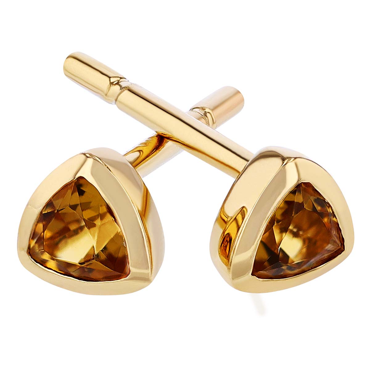 Trillion Citrine Bezel Set Stud Earrings in Yellow Gold, 3 mm