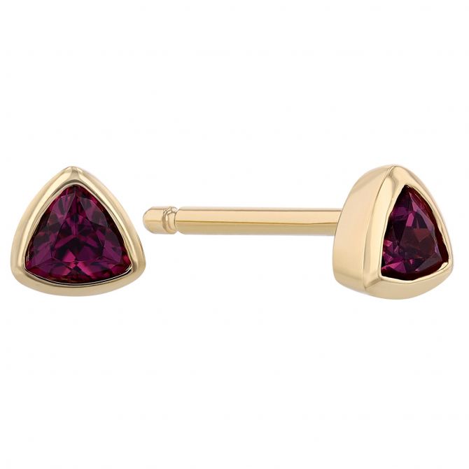 Trillion Rhodolite Garnet Bezel Set Stud Earrings in Yellow Gold, 3 mm