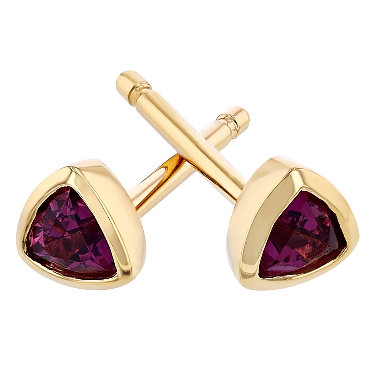 Trillion Rhodolite Garnet Bezel Set Stud Earrings in Yellow Gold, 3 mm