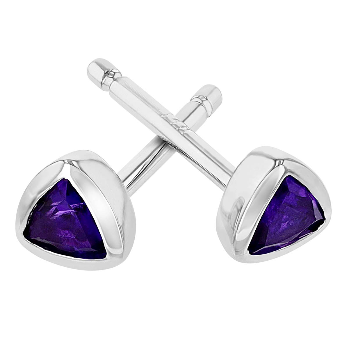 Trillion Amethyst Bezel Set Stud Earrings in White Gold, 3 mm
