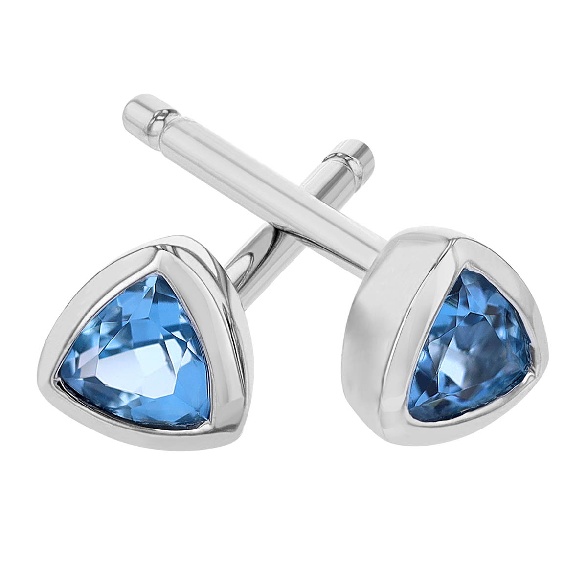 Trillion Blue Topaz Bezel Set Stud Earrings in White Gold, 3 mm