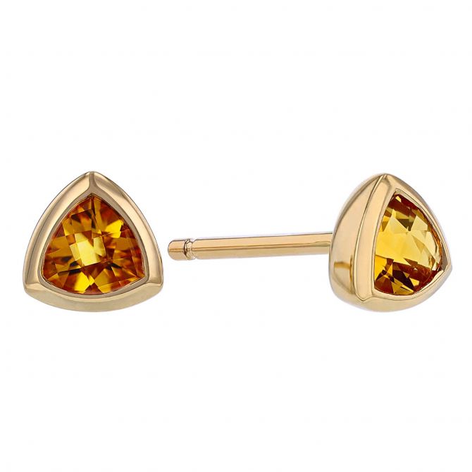 Trillion Citrine Bezel Set Stud Earrings in Yellow Gold, 4 mm