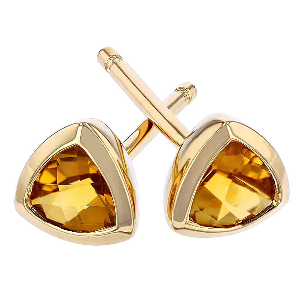 Trillion Citrine Bezel Set Stud Earrings in Yellow Gold, 4 mm