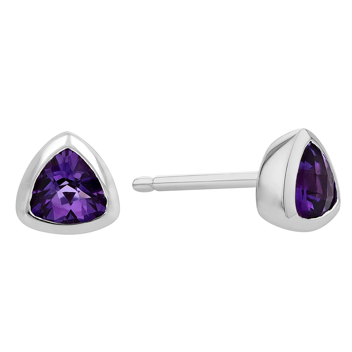 Trillion Amethyst Bezel Set Stud Earrings in White Gold, 4 mm