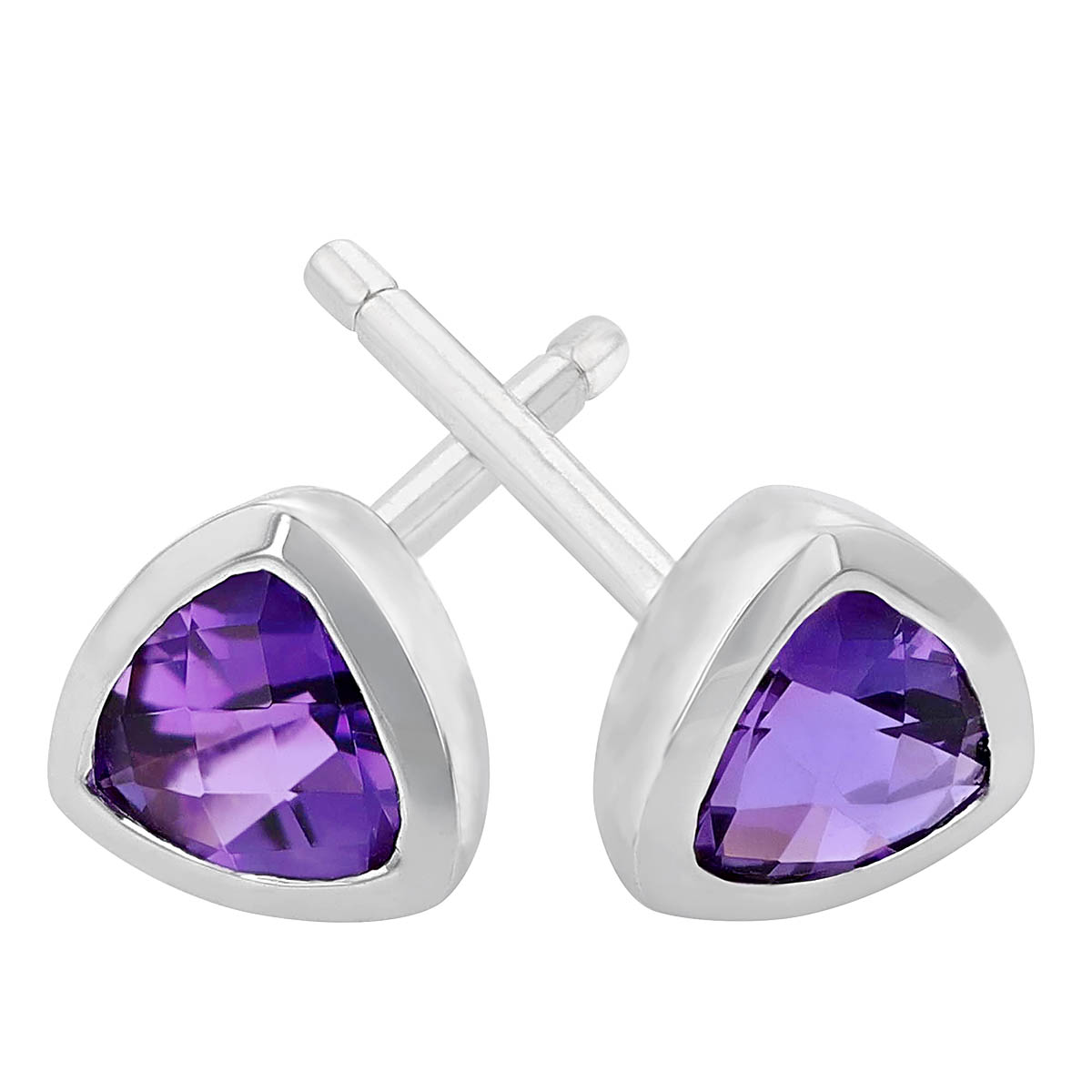 Trillion Amethyst Bezel Set Stud Earrings in White Gold, 4 mm