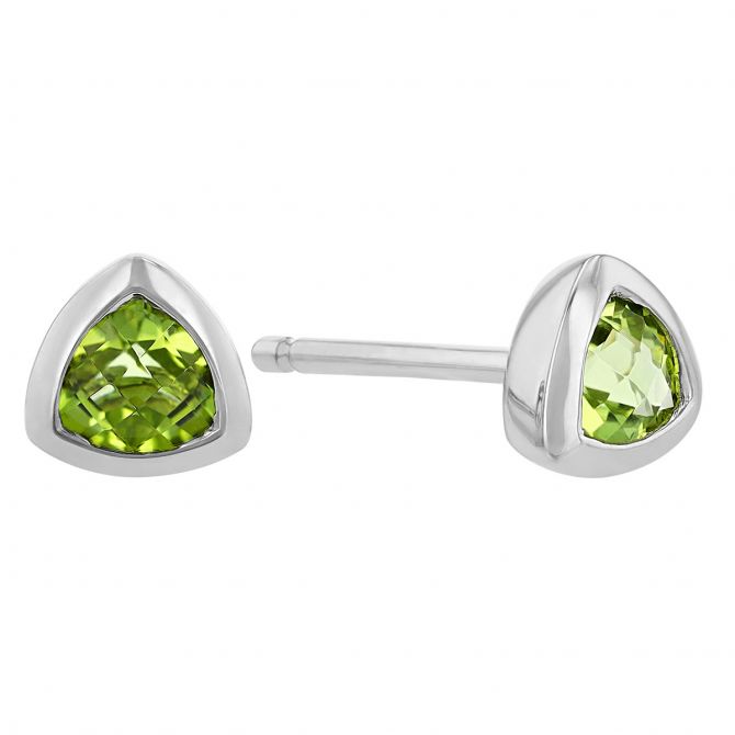 Trillion Peridot Bezel Set Stud Earrings in White Gold
