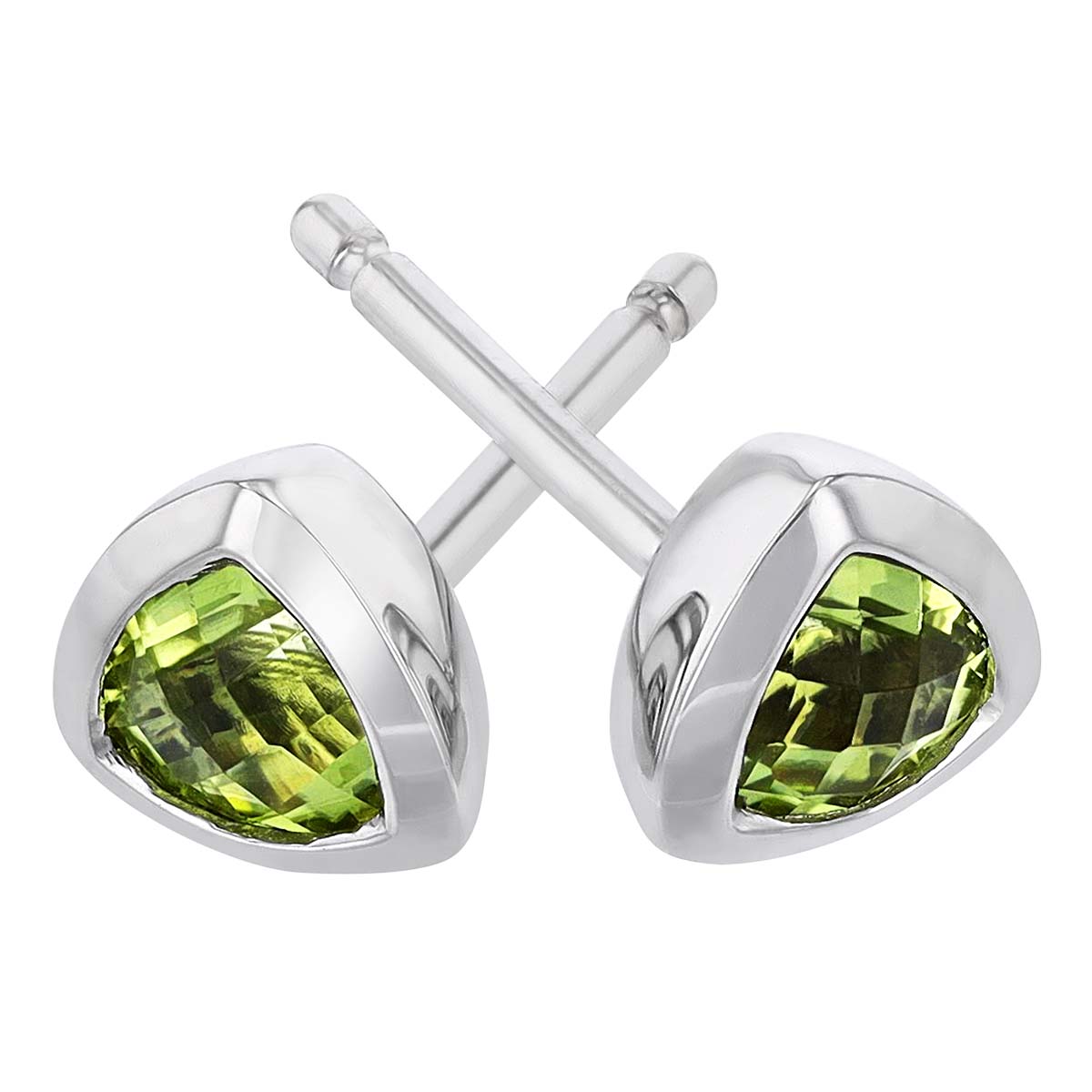 Trillion Peridot Bezel Set Stud Earrings in White Gold