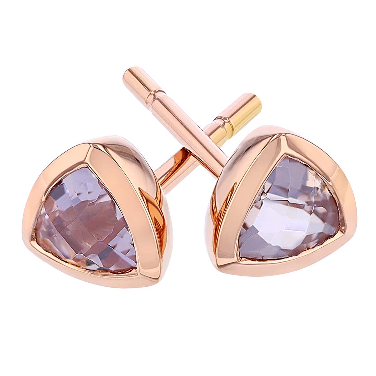 Trillion Morganite Bezel Set Stud Earrings in Rose Gold, 4 mm