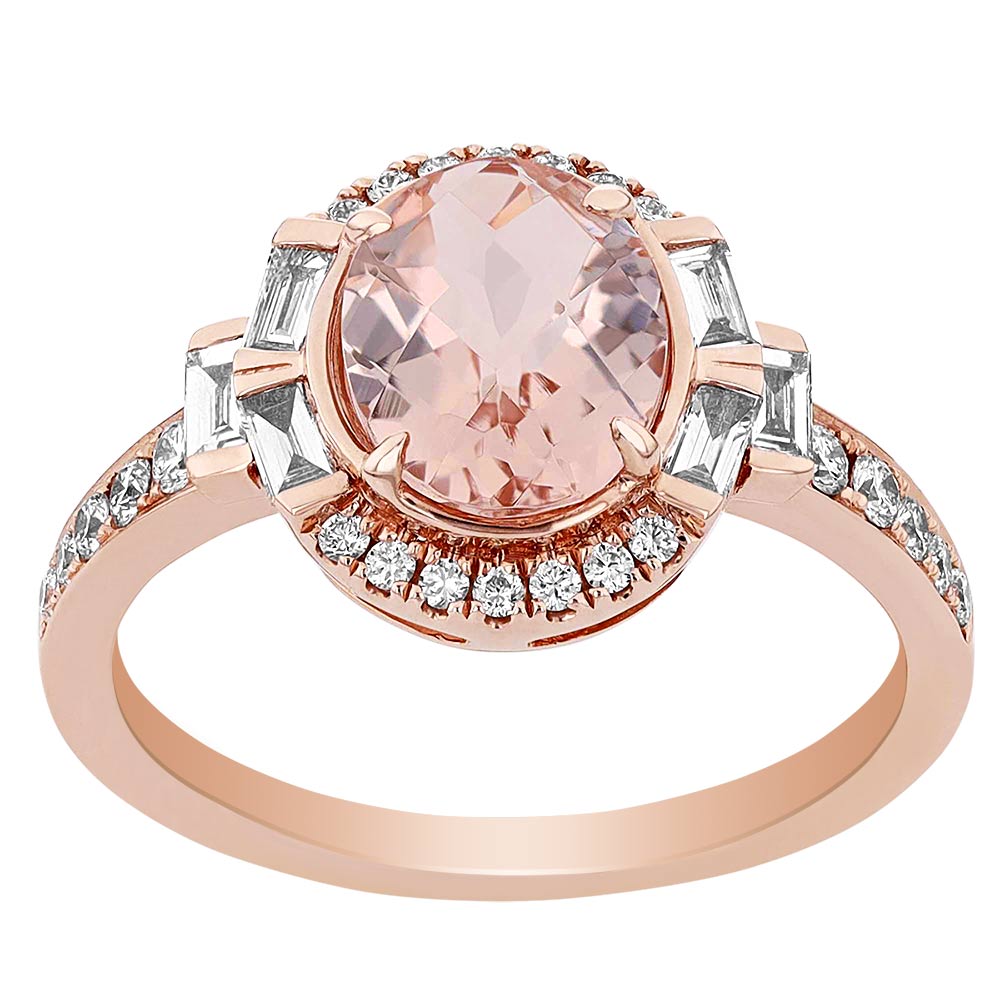 Oval Morganite Ring with Baguette & Round Diamond Halo & Sides in Rose Gold