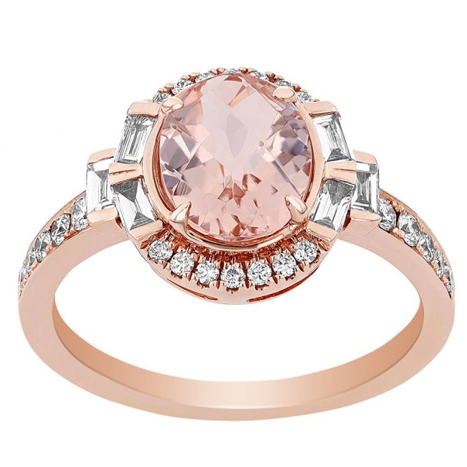 Oval Morganite Ring with Baguette & Round Diamond Halo & Sides in Rose Gold