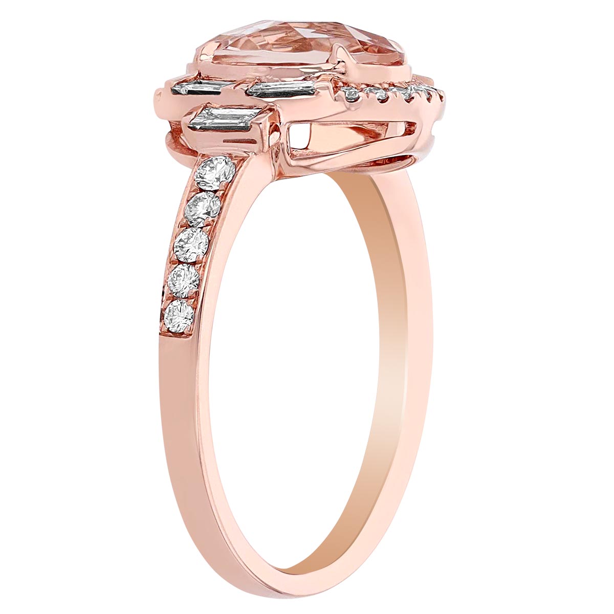 Oval Morganite Ring with Baguette & Round Diamond Halo & Sides in Rose Gold