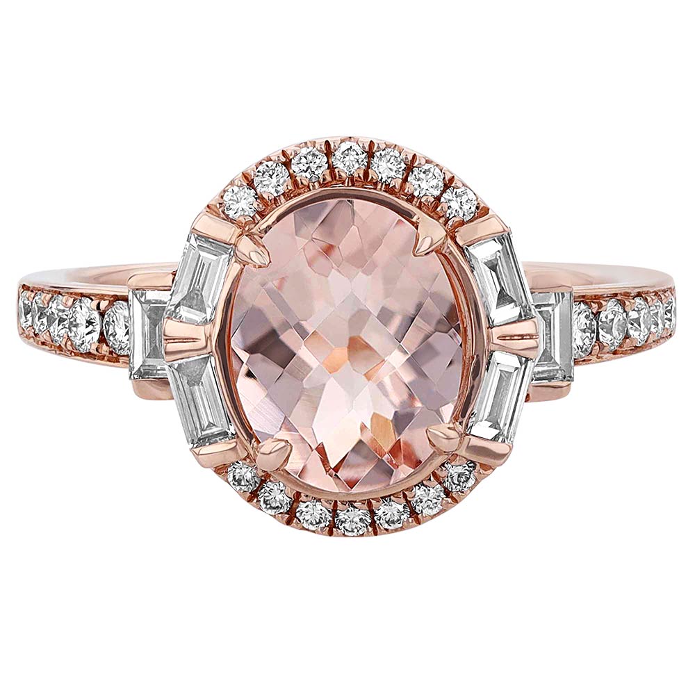 Oval Morganite Ring with Baguette & Round Diamond Halo & Sides in Rose Gold
