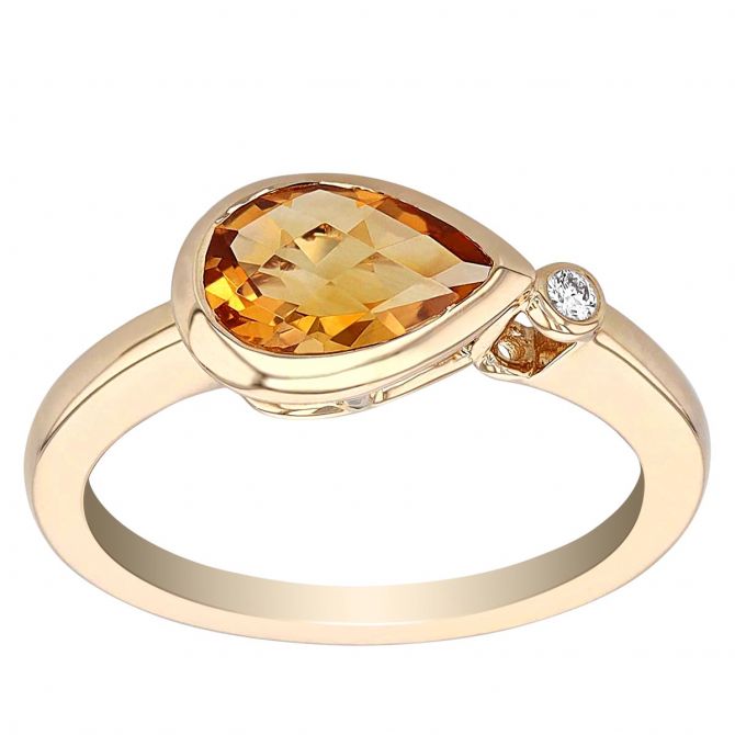 Pear Shaped Citrine & Single Diamond Bezel Set Asymmetrical Ring in Yellow Gold
