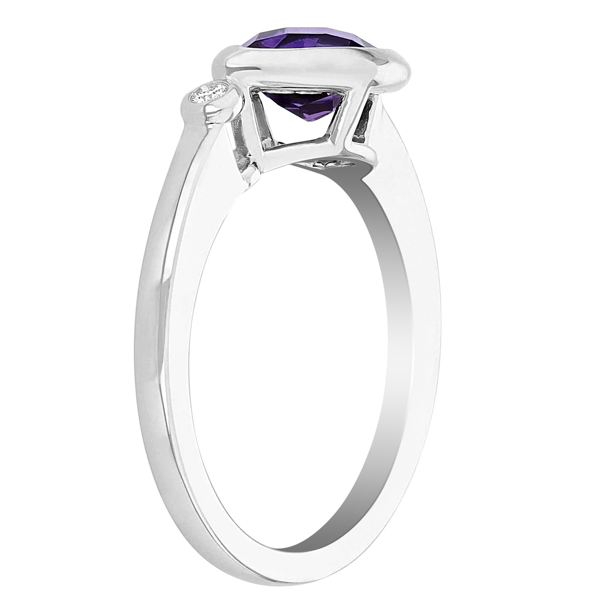 Pear Shaped Amethyst & Single Diamond Bezel Set Asymmetrical Ring in White Gold