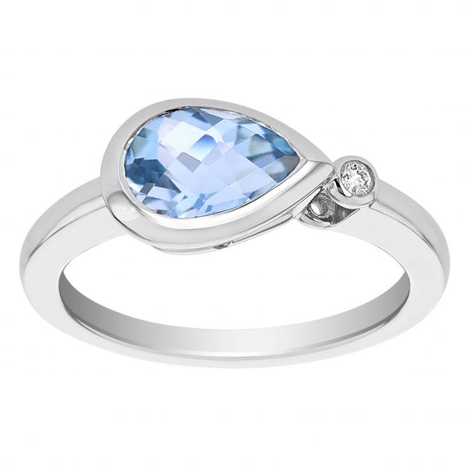 Pear Shaped Aquamarine & Single Diamond Bezel Set Asymmetrical Ring in White Gold