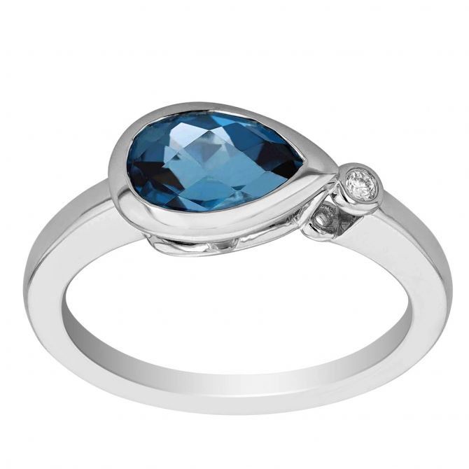 Pear Shaped London Blue Topaz & Single Diamond Bezel Set Asymmetrical Ring in White Gold