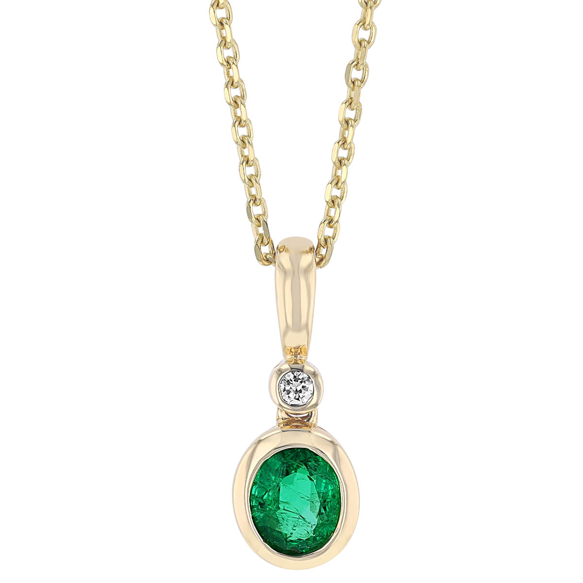 Oval Emerald & Diamond Bezel Set Dainty Pendant in Yellow Gold, 18