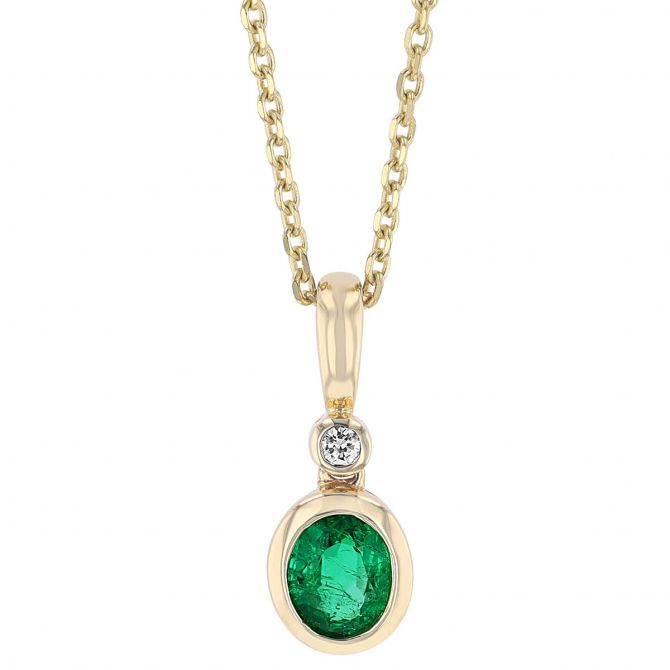 Oval Emerald & Diamond Bezel Set Dainty Pendant in Yellow Gold, 18"