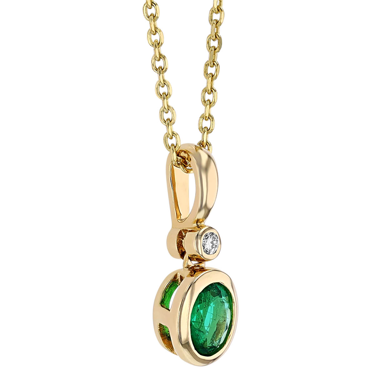 Oval Emerald & Diamond Bezel Set Dainty Pendant in Yellow Gold, 18