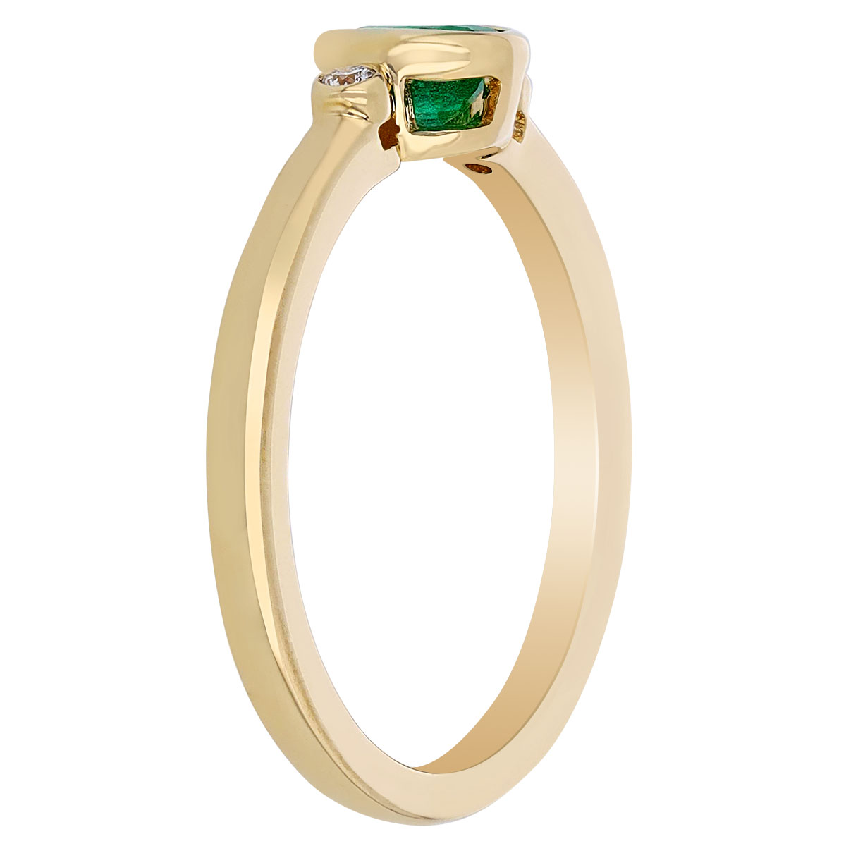 Oval Emerald & Diamond Bezel Set Dainty 3 Stone Ring in Yellow Gold