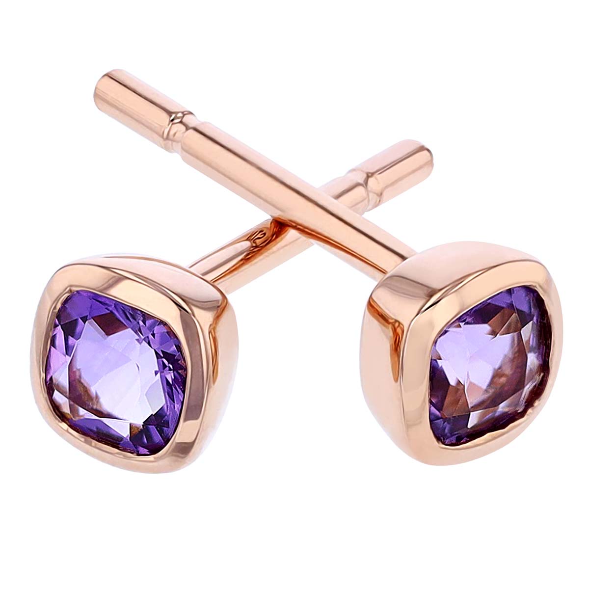 Cushion Amethyst Bezel Set Stud Earrings in Rose Gold