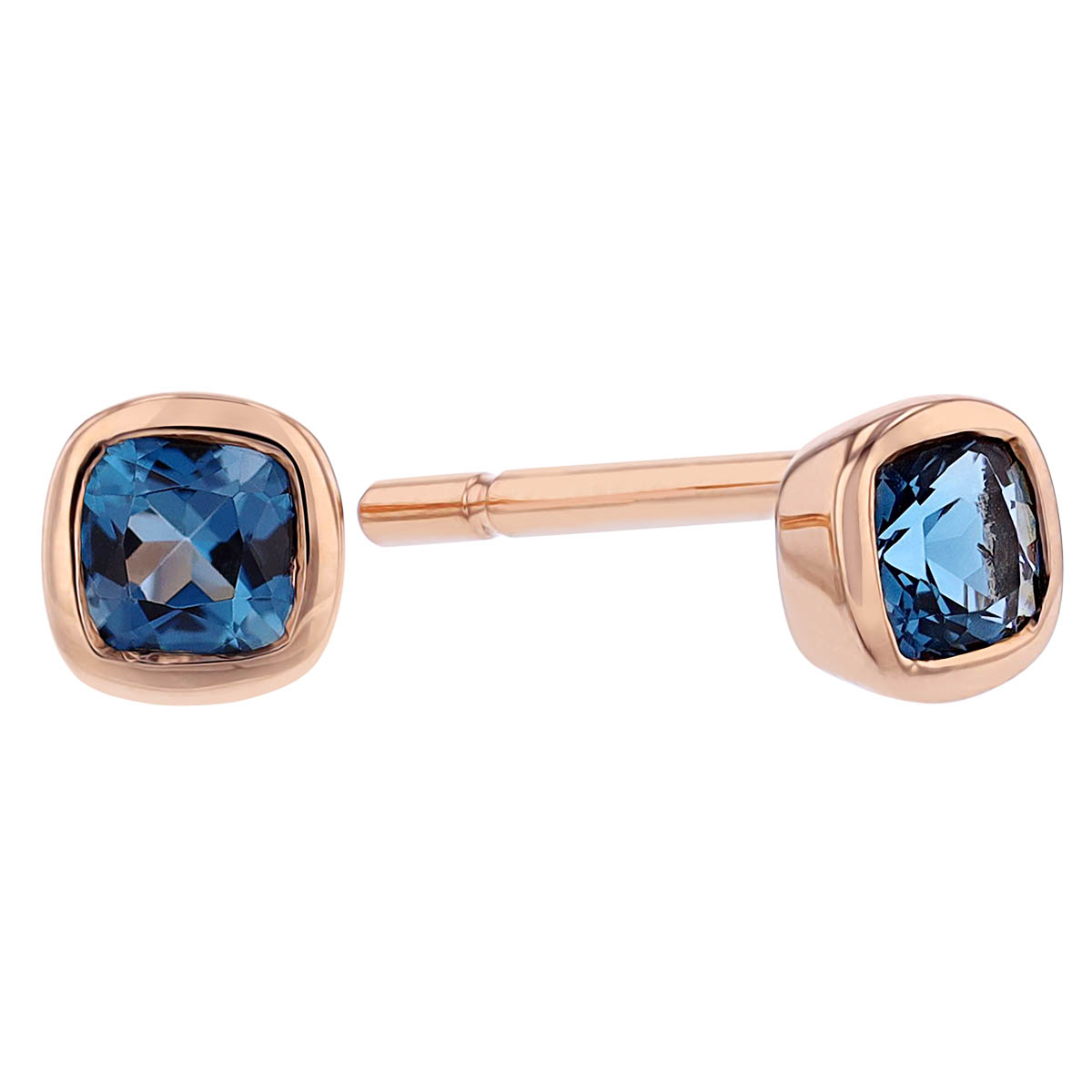Cushion London Blue Topaz Bezel Set Stud Earrings in Rose Gold