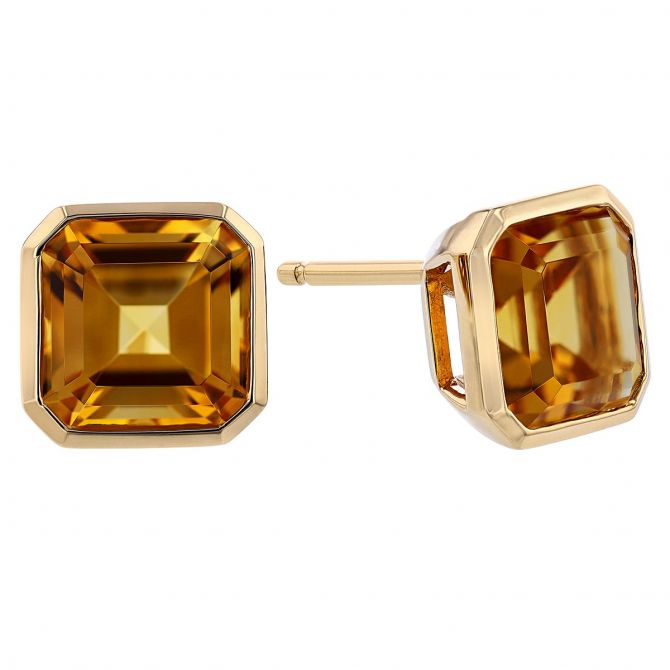 Asscher Cut Citrine Bezel Set Stud Earrings in Yellow Gold