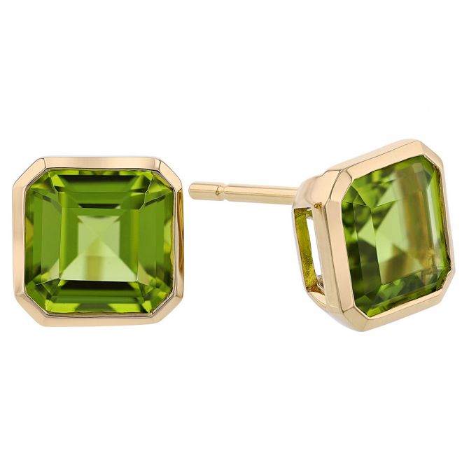 Cut Corner Square Peridot Post Back Earrings in Yellow Gold