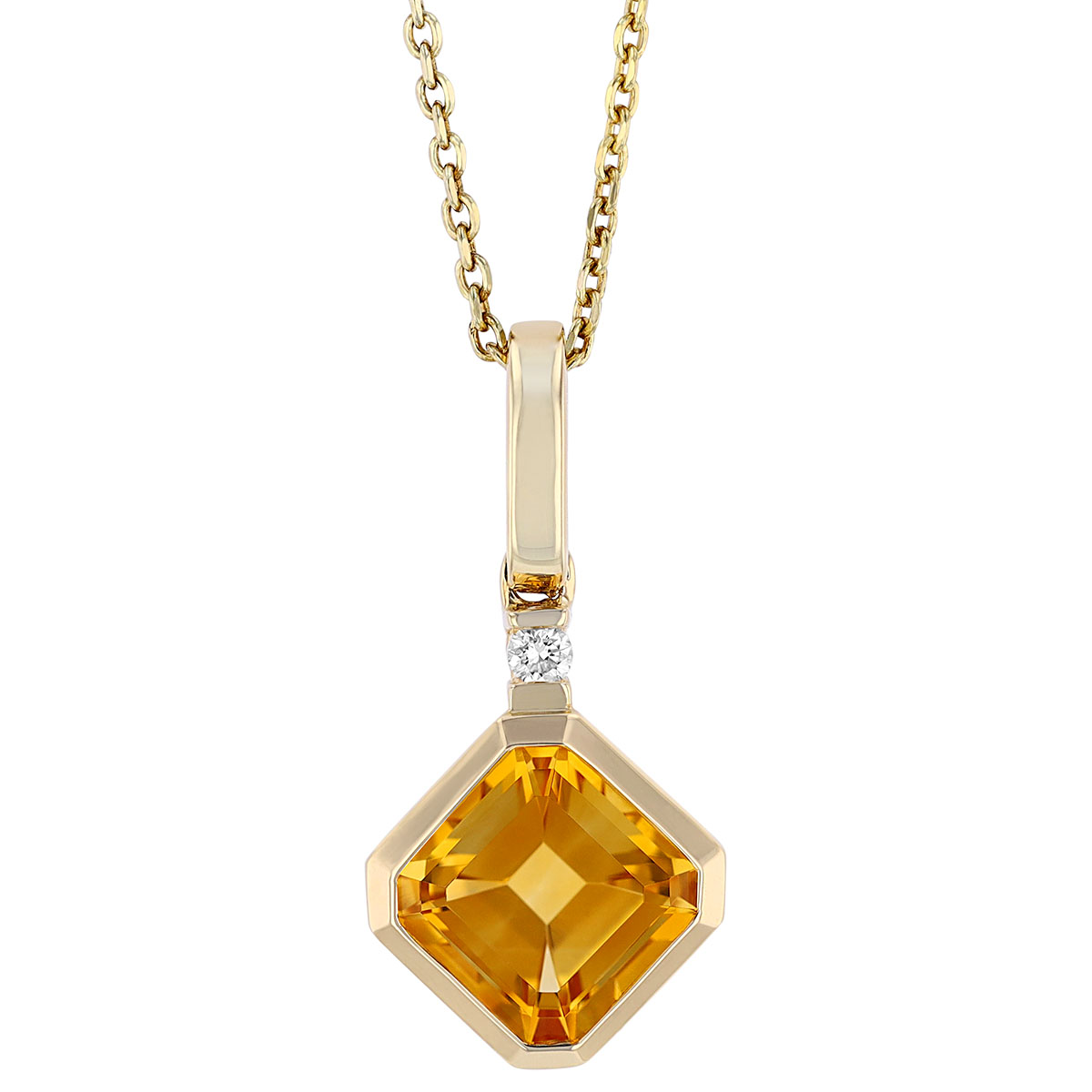 Asscher Cut Citrine & Diamond Bail Bezel Set Pendant in Yellow Gold, 18