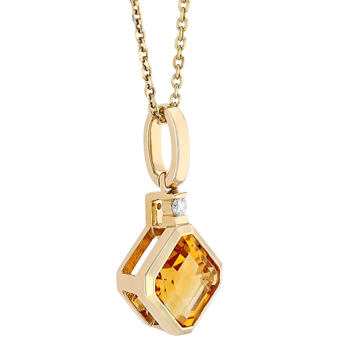 Asscher Cut Citrine & Diamond Bail Bezel Set Pendant in Yellow Gold, 18