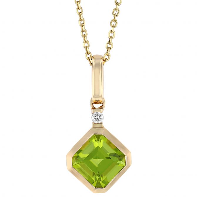 Square Step Cut Peridot Bezel Set Pendant with Diamond Bail in Yellow Gold, 18"