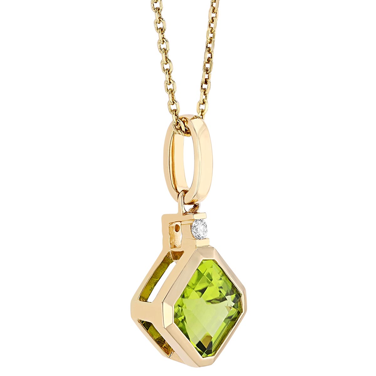 Square Step Cut Peridot Bezel Set Pendant with Diamond Bail in Yellow Gold, 18