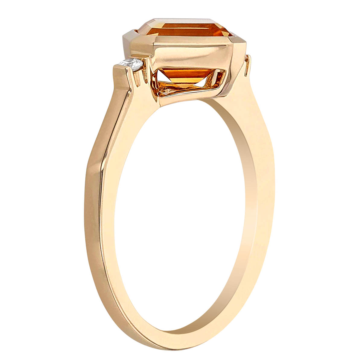 Asscher Cut Citrine & Diamond Side Stone Bezel Set Ring in Yellow Gold