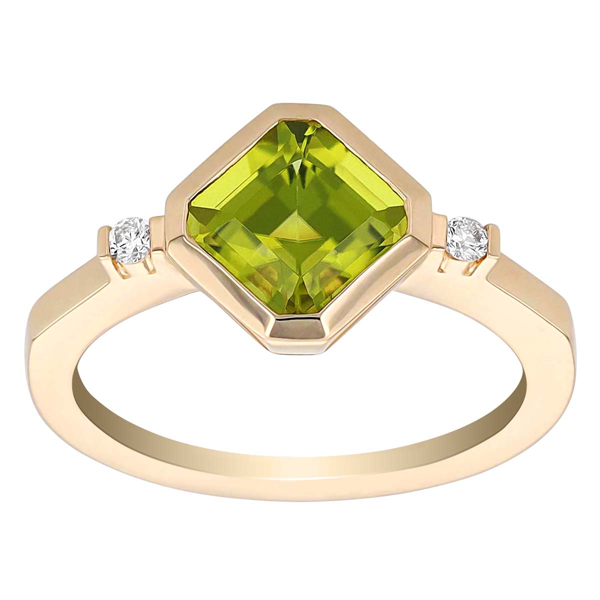 Square Step Cut Peridot Ring with Diamond Side Stones in Yellow Gold