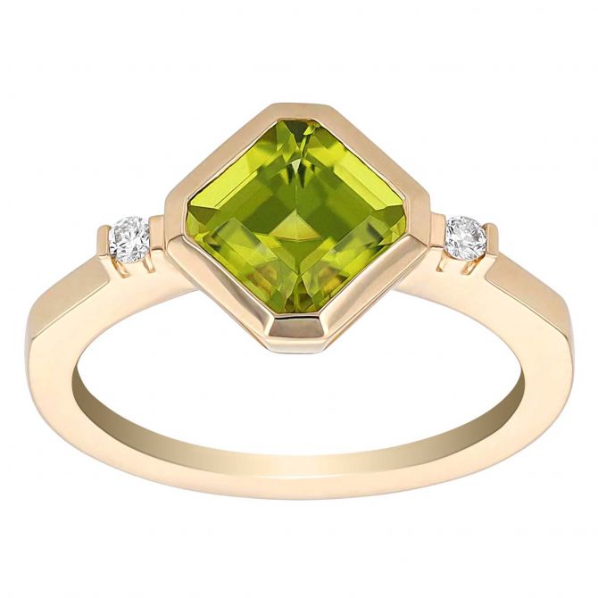 Square Step Cut Peridot Ring with Diamond Side Stones in Yellow Gold