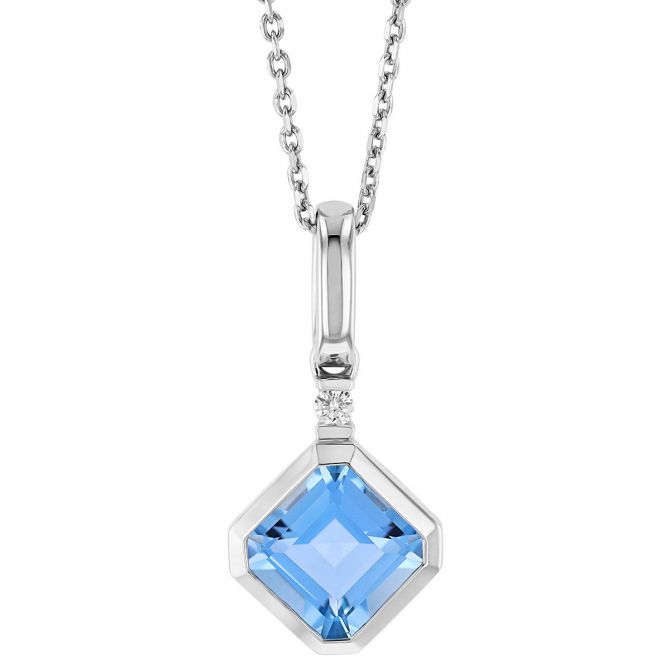 Asscher Cut Aquamarine & Diamond Bail Bezel Set Pendant in White Gold, 18"