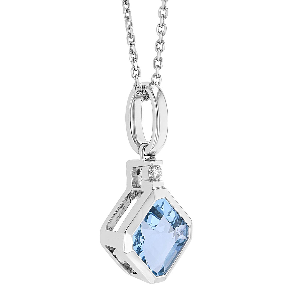 Asscher Cut Aquamarine & Diamond Bail Bezel Set Pendant in White Gold, 18