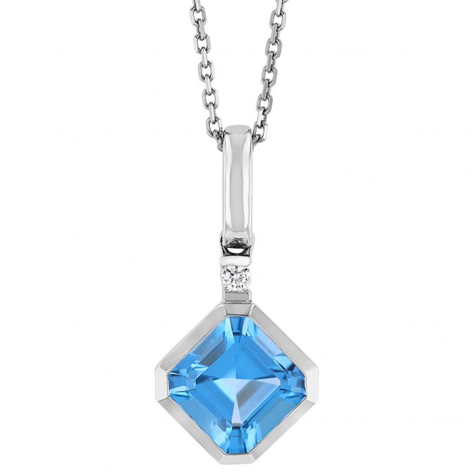Asscher Cut Blue Topaz & Diamond Bail Bezel Set Pendant in White Gold, 18"