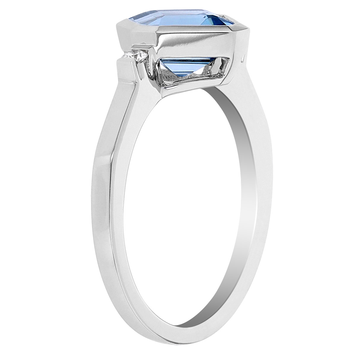 Asscher Cut Aquamarine & Diamond Side Stone Bezel Set Ring in White Gold