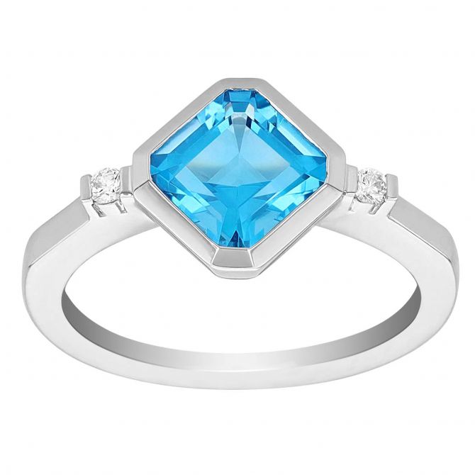 Asscher Cut Blue Topaz & Diamond Side Stone Bezel Set Ring in White Gold