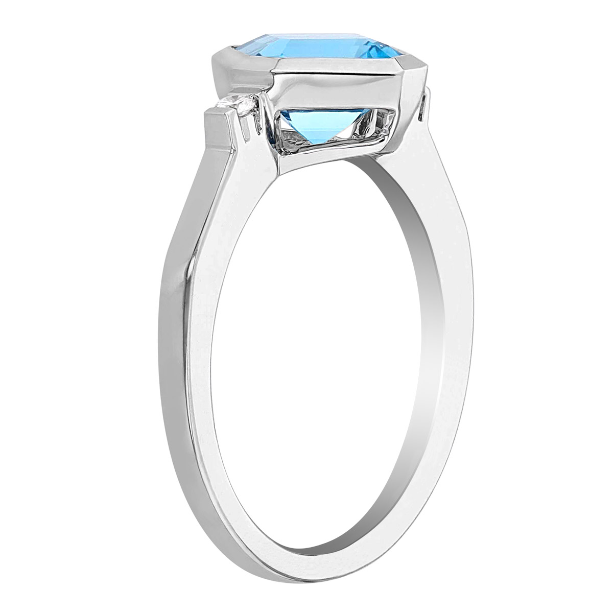 Asscher Cut Blue Topaz & Diamond Side Stone Bezel Set Ring in White Gold