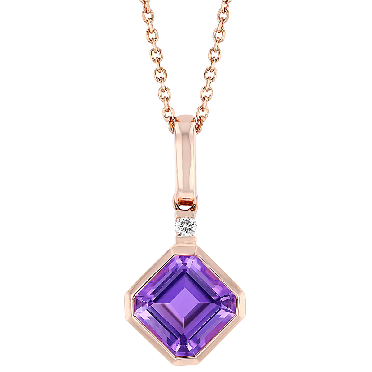 Asscher Cut Amethyst & Diamond Bail Bezel Set Pendant in Rose Gold, 18