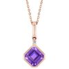 Asscher Cut Amethyst & Diamond Bail Bezel Set Pendant in Rose Gold, 18"