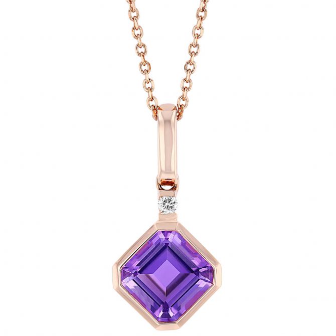 Asscher Cut Amethyst & Diamond Bail Bezel Set Pendant in Rose Gold, 18"